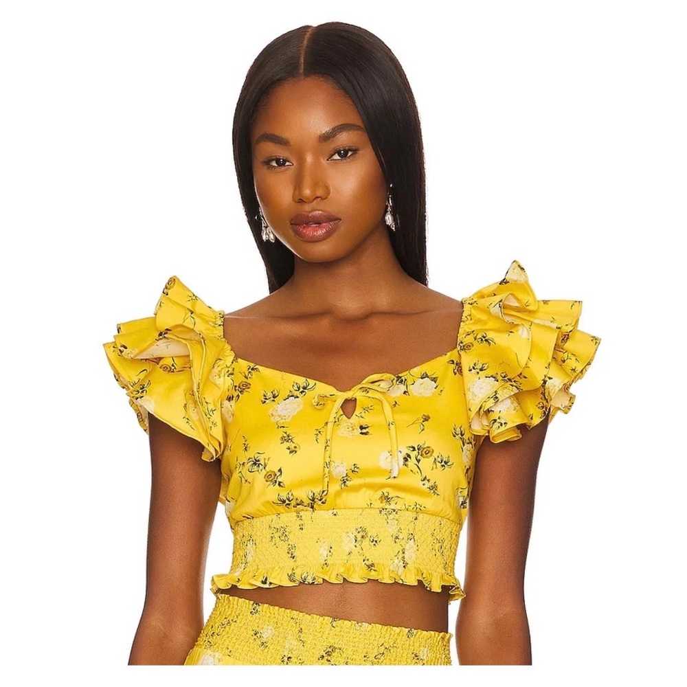 New $350 Alice and Olivia Shanae Floral Print Ruffle Sleeve Crop Top Size SP